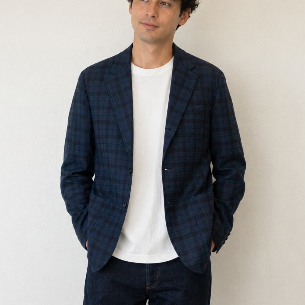 Camoshita UNITED ARROWS Japan Blue Plaid Unstructured Blazer Jacket sz 52